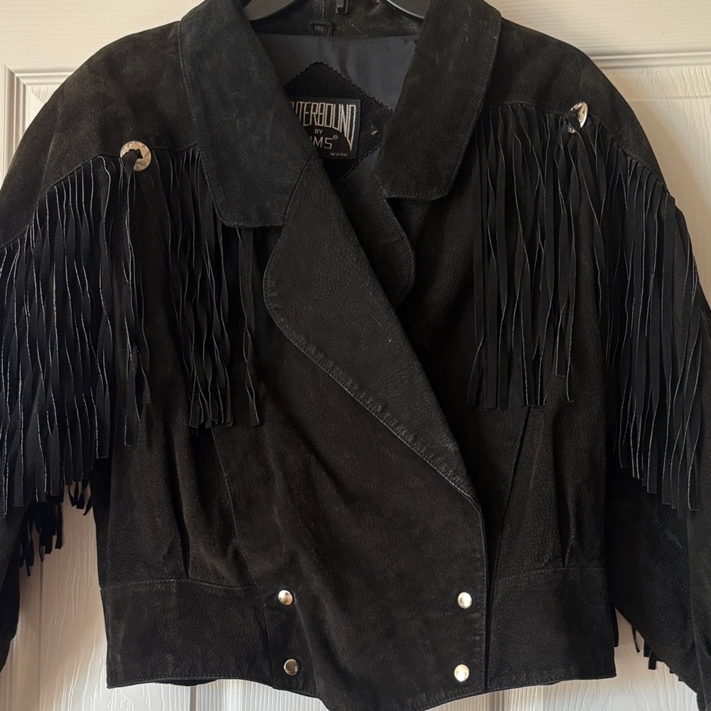 Vintage Fringe Black suede genuine leather Women's Jacket